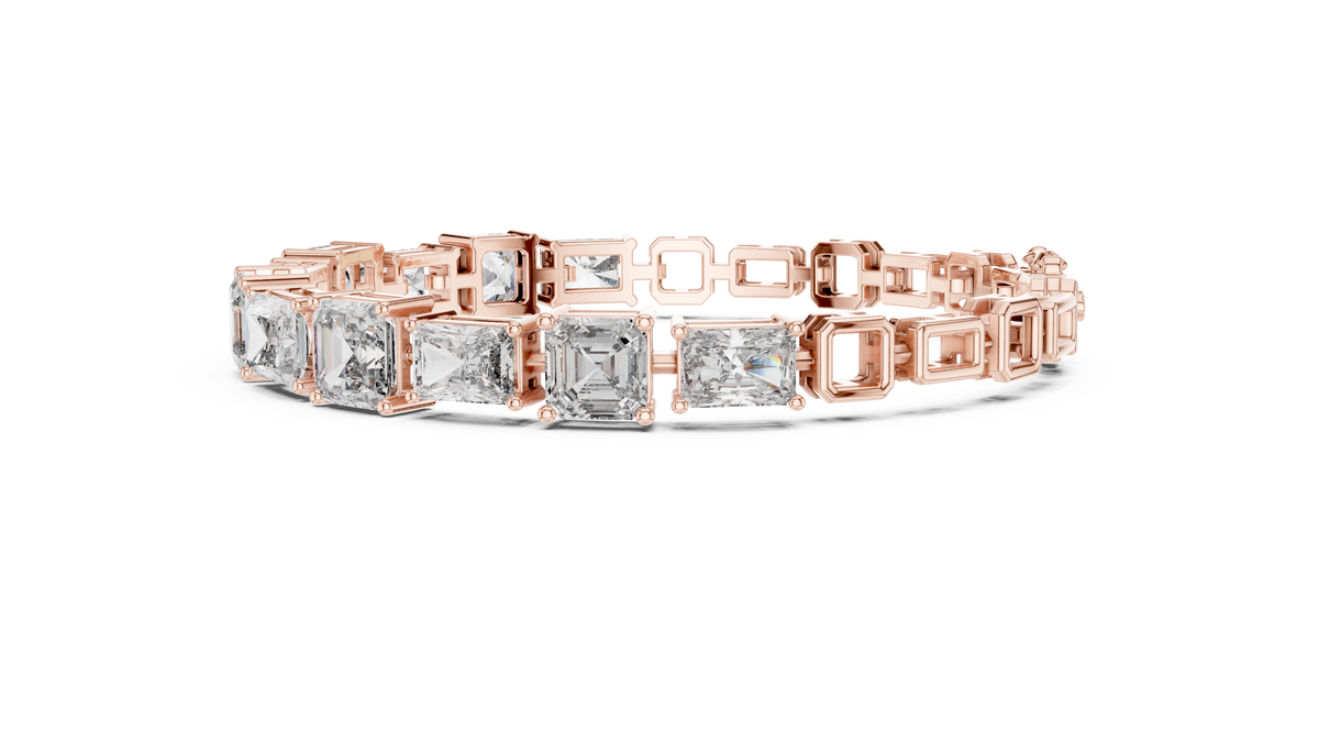 Rose gold diamond bracelet side profile with radiant-cut mixed-link bezel settings