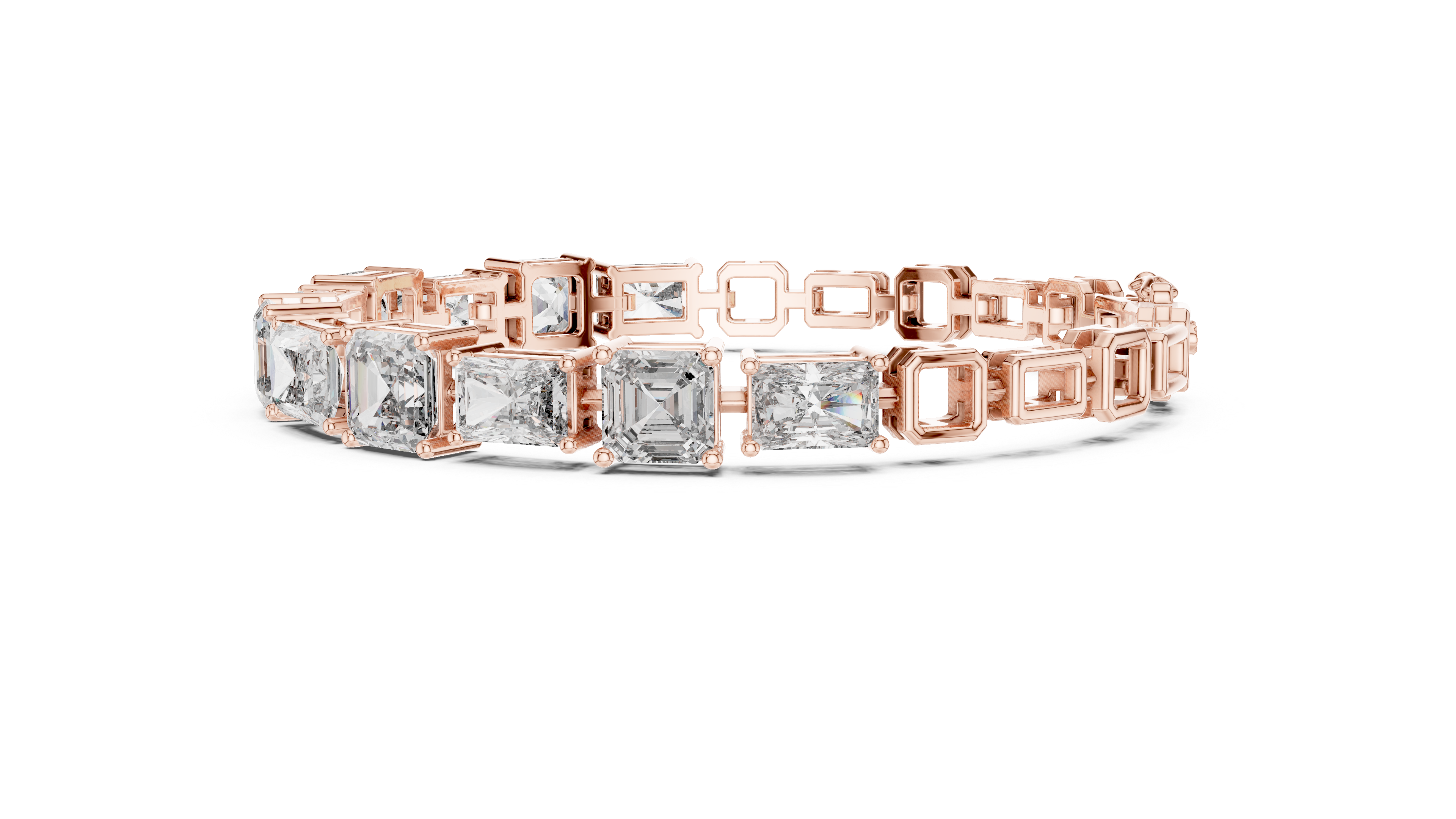 Rose gold diamond bracelet side profile with radiant-cut mixed-link bezel settings