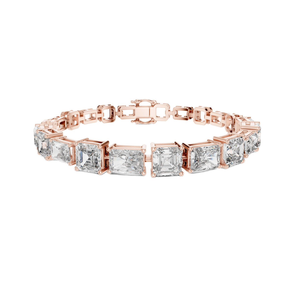 Rose gold radiant-cut diamond bracelet with mixed-link square bezel settings