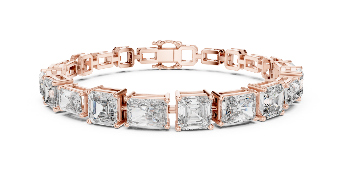 Rose gold radiant-cut diamond bracelet with mixed-link square bezel settings