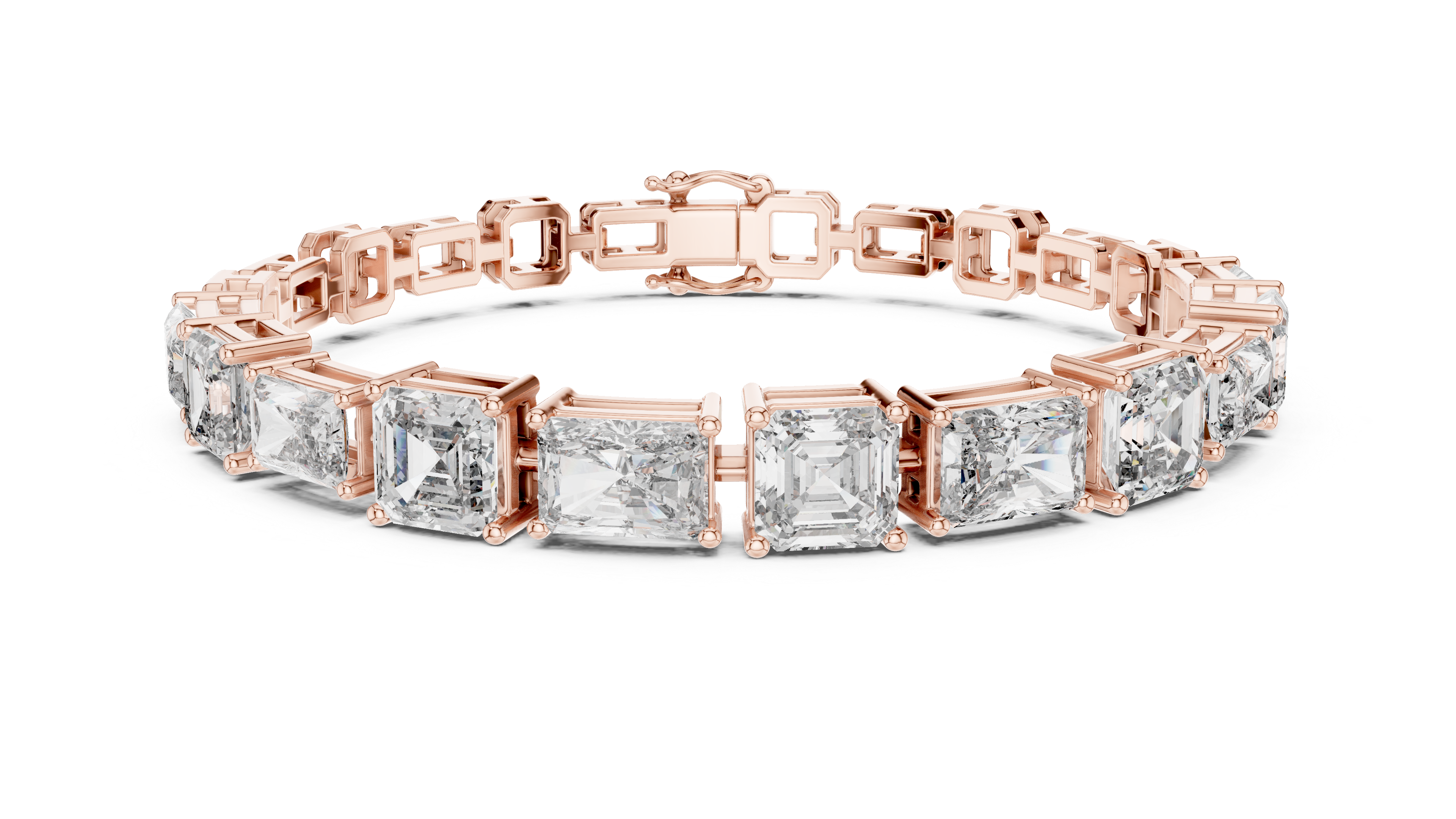 Rose gold radiant-cut diamond bracelet with mixed-link square bezel settings
