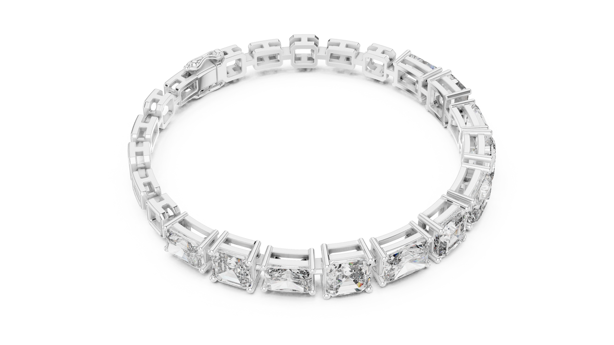 White gold diamond bracelet with radiant-cut stones in mixed-link square settings
