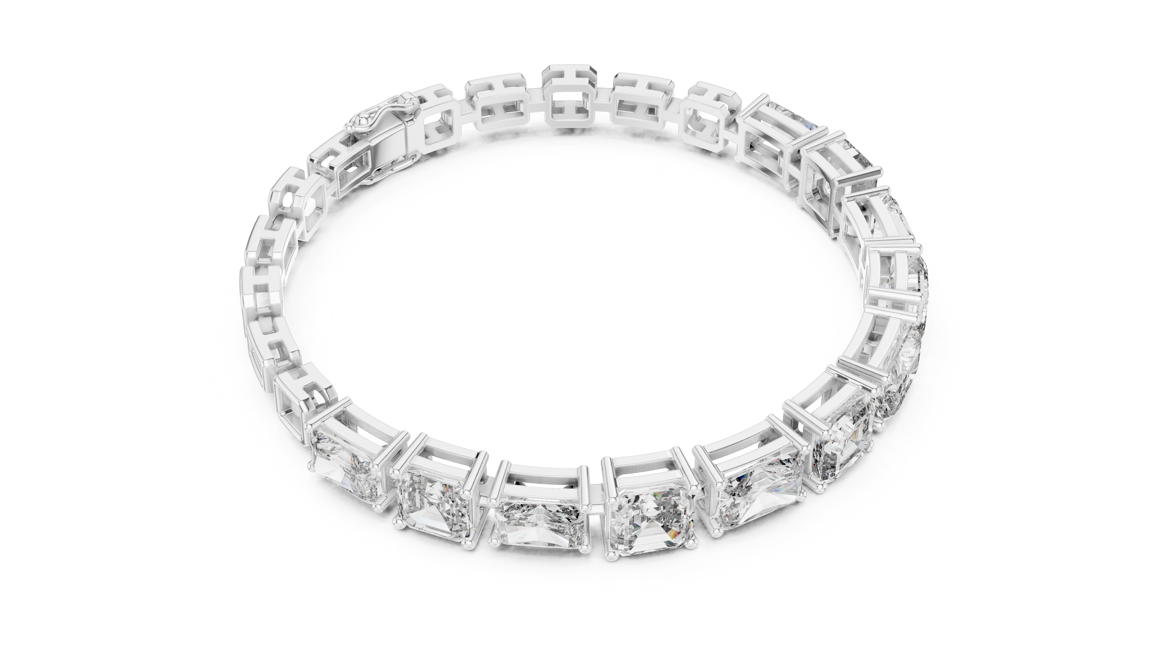 White gold diamond bracelet with radiant-cut stones in mixed-link square settings