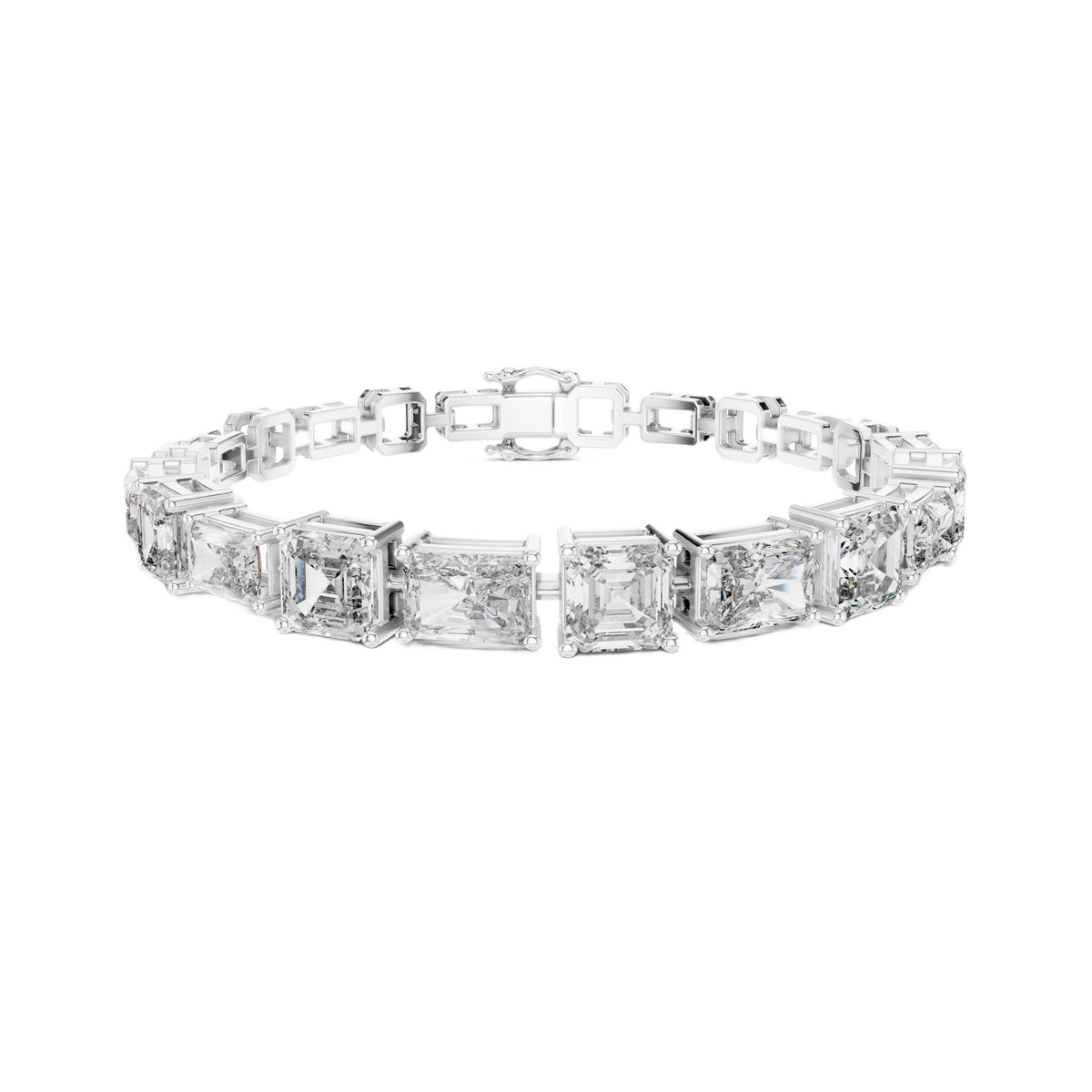 White metal mixed-link diamond bracelet with radiant-cut stones in square settings