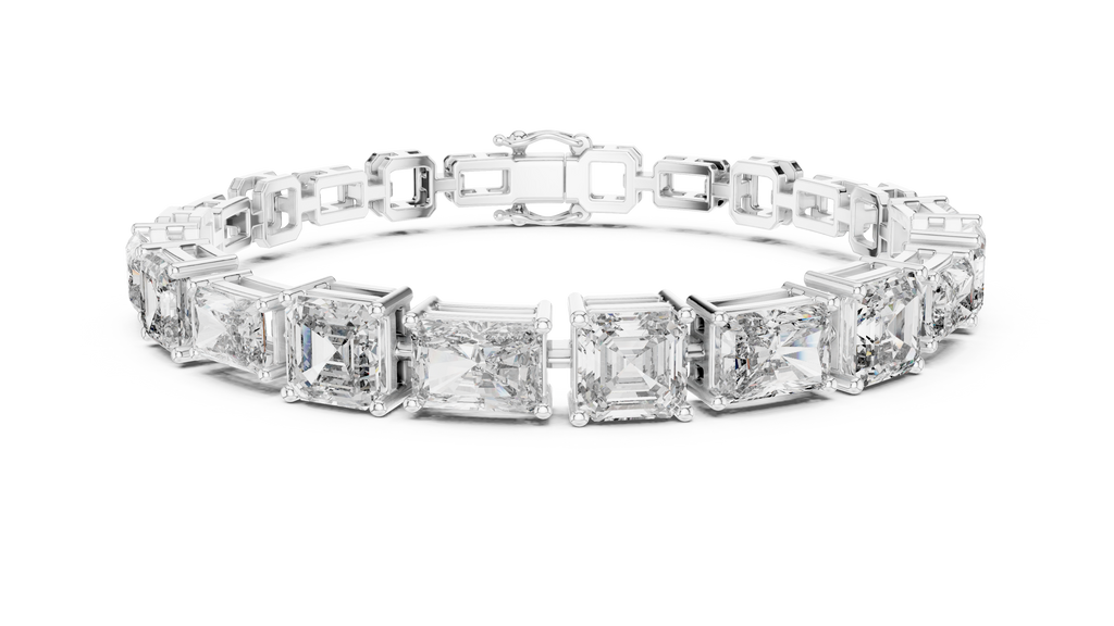 White metal mixed-link diamond bracelet with radiant-cut stones in square settings