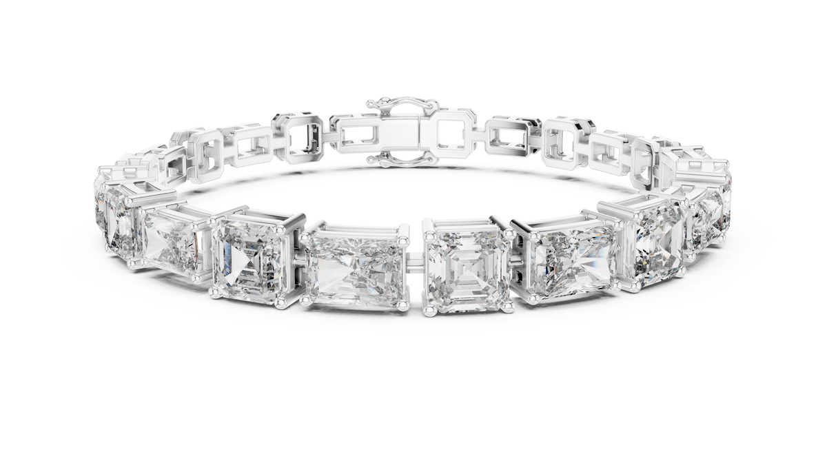 White metal mixed-link diamond bracelet with radiant-cut stones in square settings