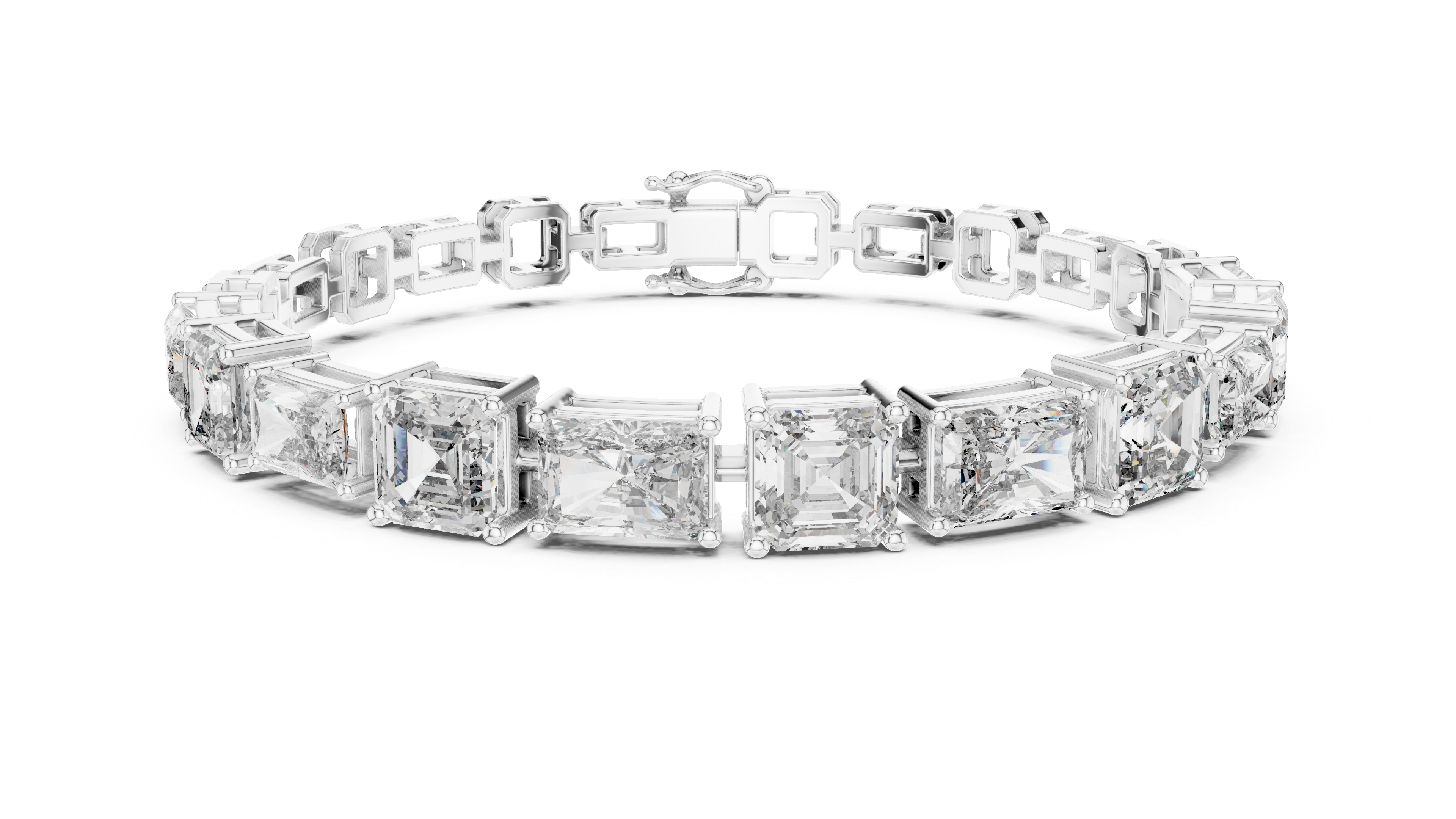 White metal mixed-link diamond bracelet with radiant-cut stones in square settings