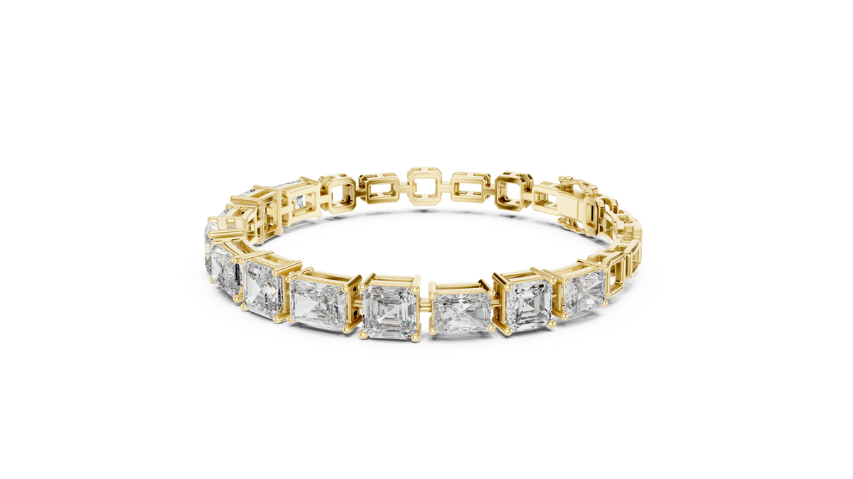 Yellow gold mixed-link diamond bracelet with radiant-cut stones in square settings