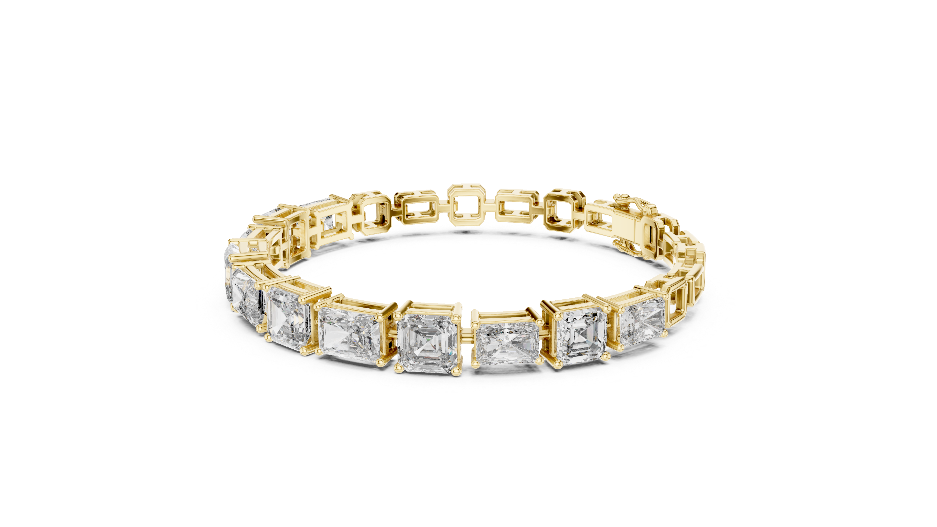 Yellow gold mixed-link diamond bracelet with radiant-cut stones in square settings