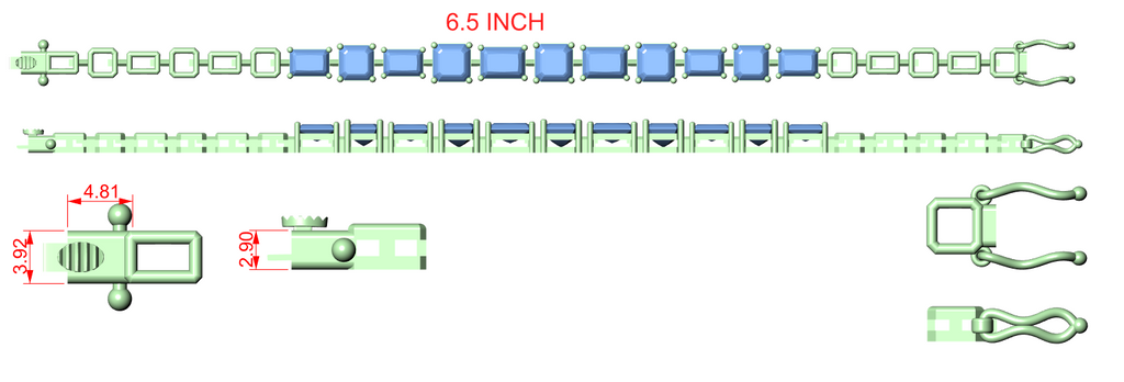 Bracelet design diagram with 6.5 inch measurement and link component layout