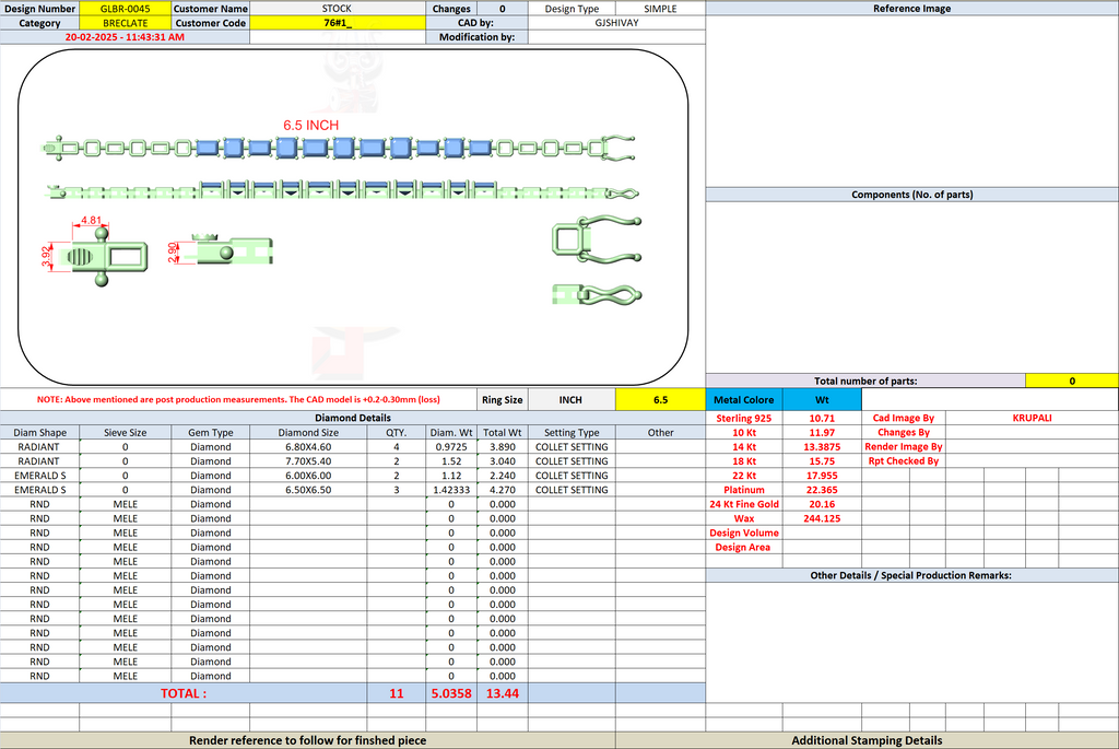Bracelet build sheet showing link layout, measurements, and diamond settings table