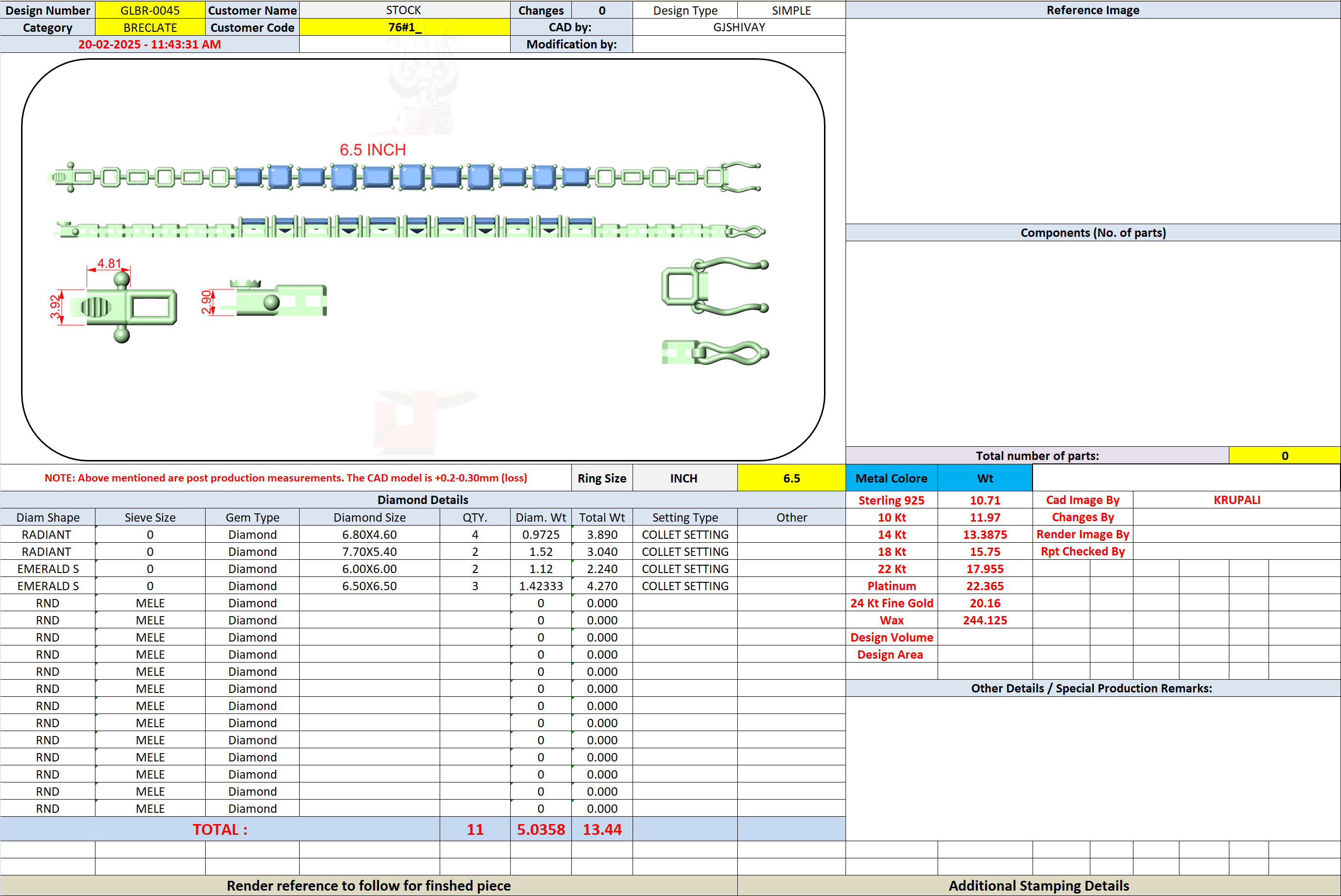 Bracelet build sheet showing link layout, measurements, and diamond settings table