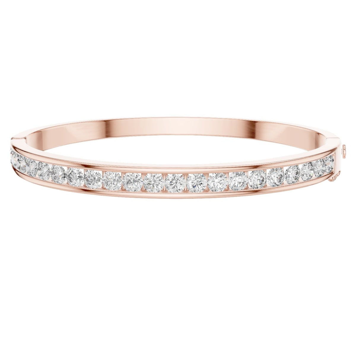 Rose gold channel-set diamond bangle with round stones, hinged fit.