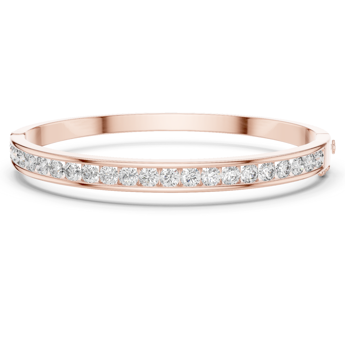 Rose gold channel-set diamond bangle with round stones, hinged fit.