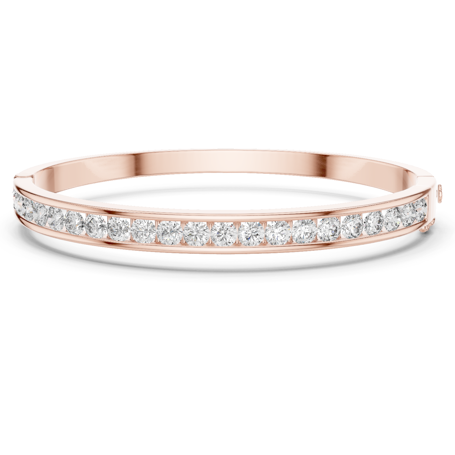 Rose gold channel-set diamond bangle with round stones, hinged fit.