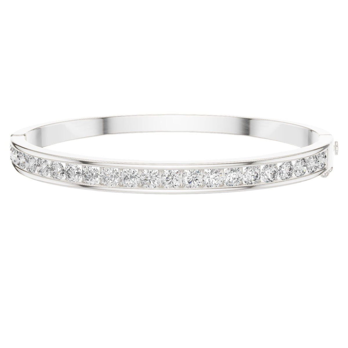 White gold channel-set diamond bangle with round stones, hinged fit.