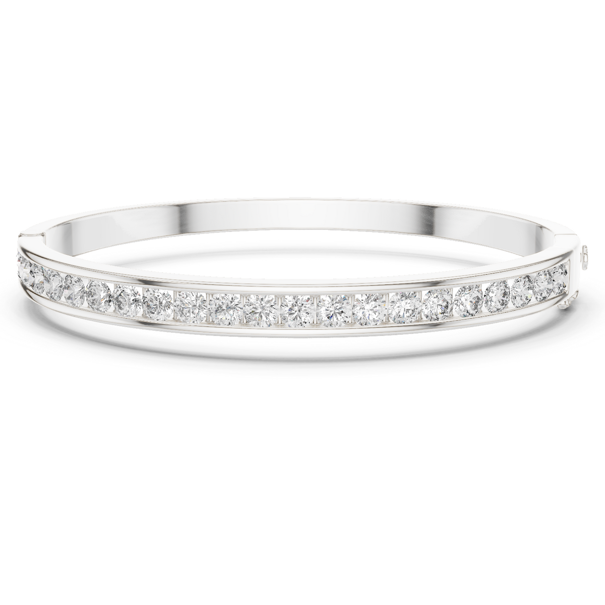 White gold channel-set diamond bangle with round stones, hinged fit.