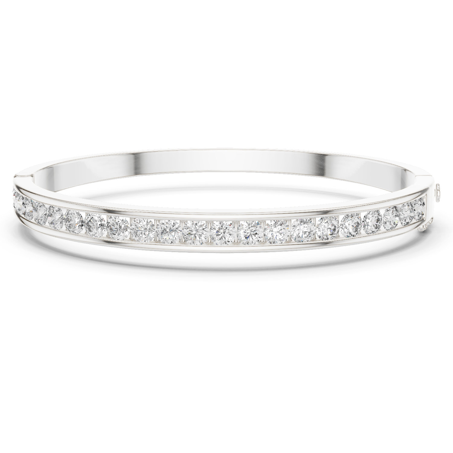 White gold channel-set diamond bangle with round stones, hinged fit.