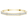 Yellow gold channel-set diamond bangle with round stones, hinged fit.