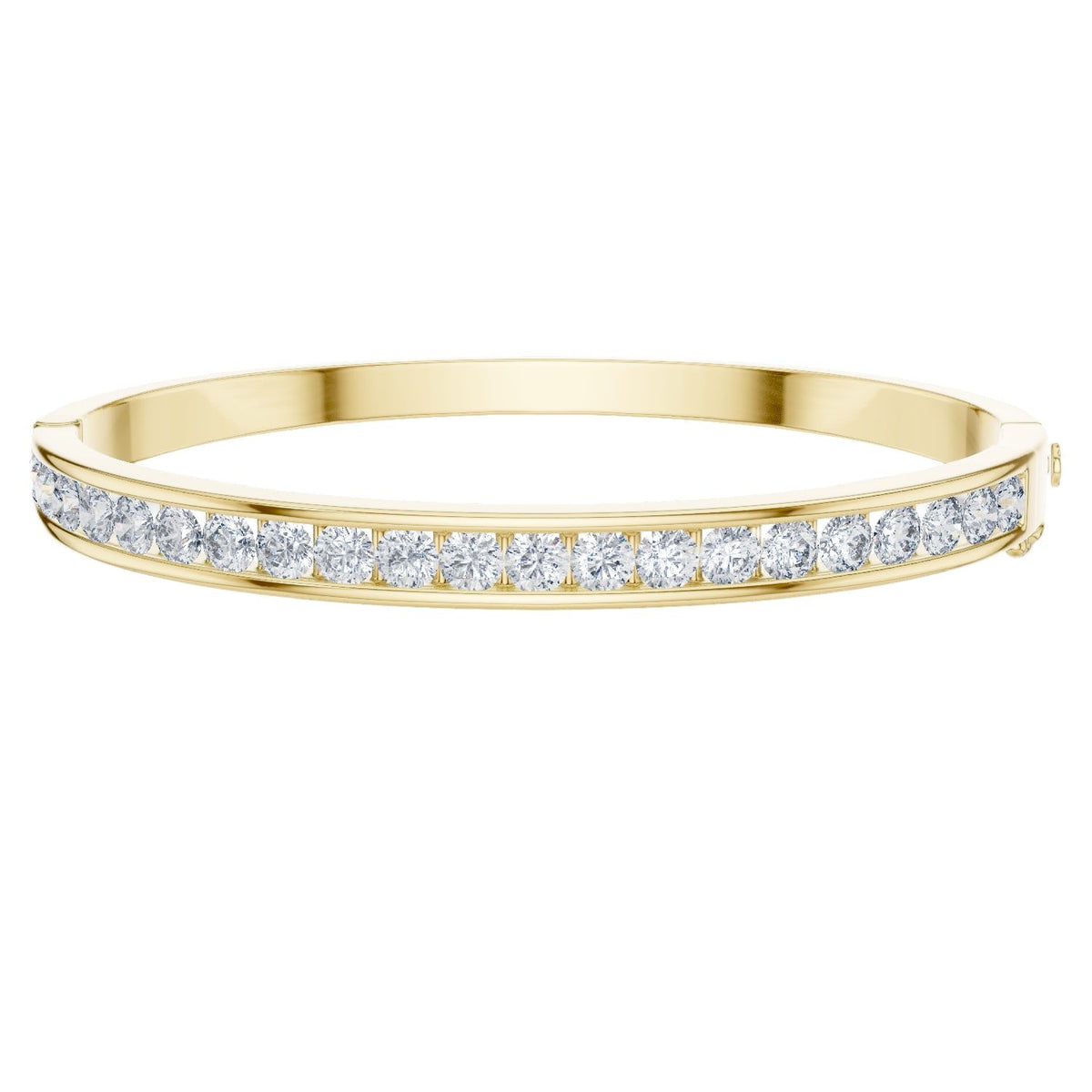 Yellow gold channel-set diamond bangle with round stones, hinged fit.