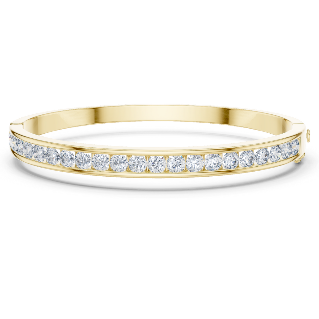 Yellow gold channel-set diamond bangle with round stones, hinged fit.