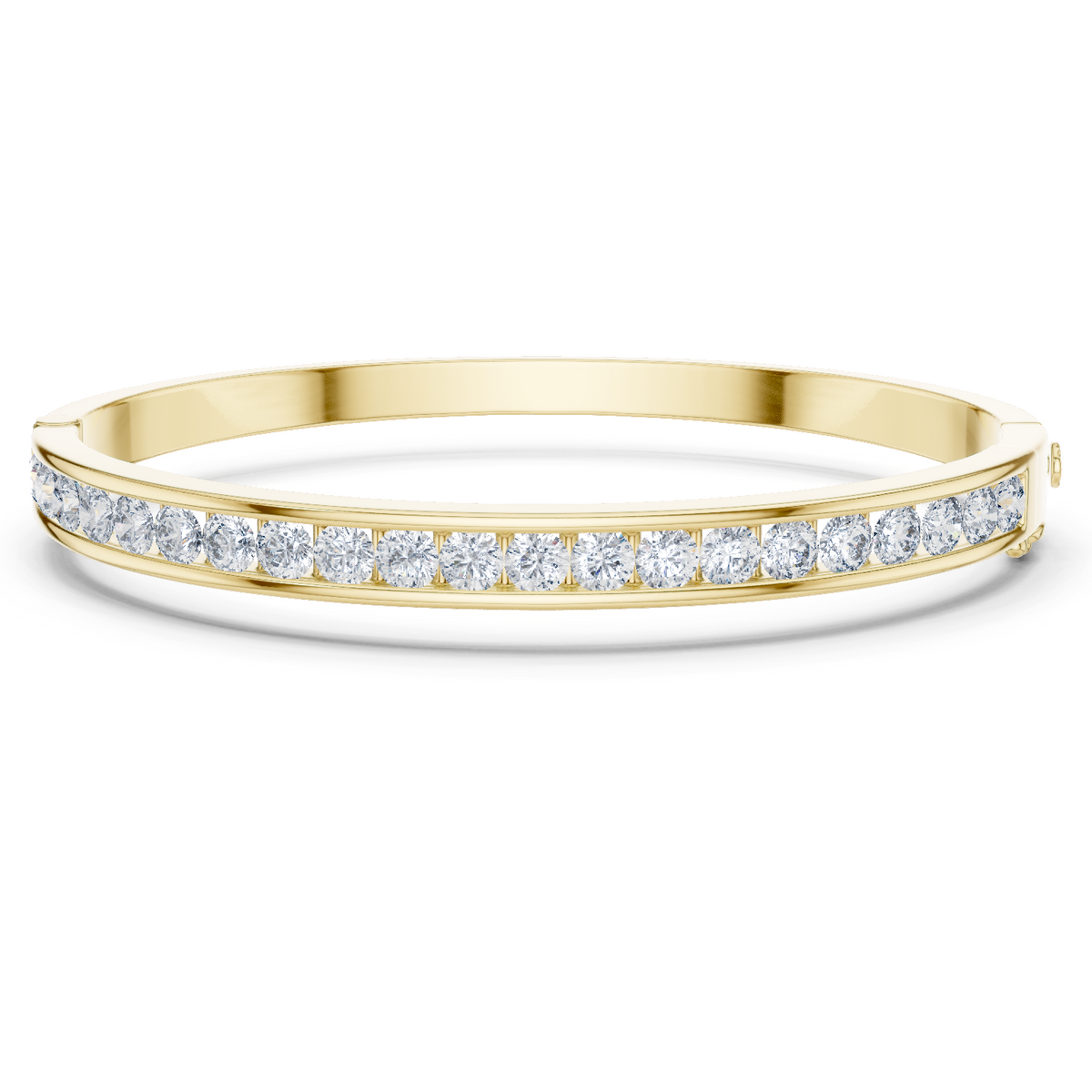 Yellow gold channel-set diamond bangle with round stones, hinged fit.