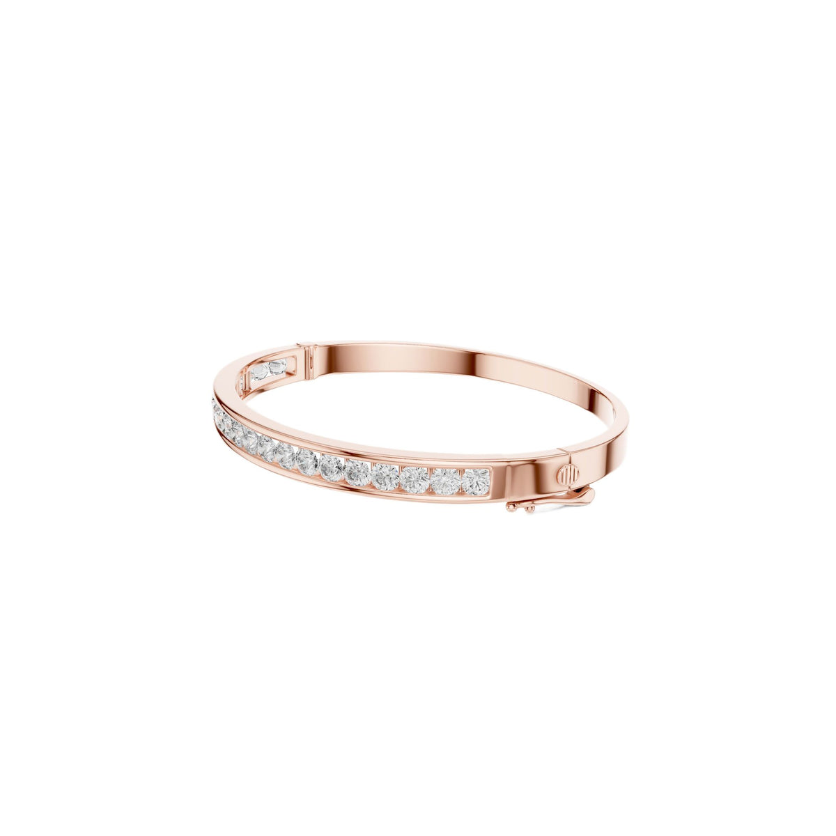 Rose gold channel-set diamond bangle, side view with inner pave detail.