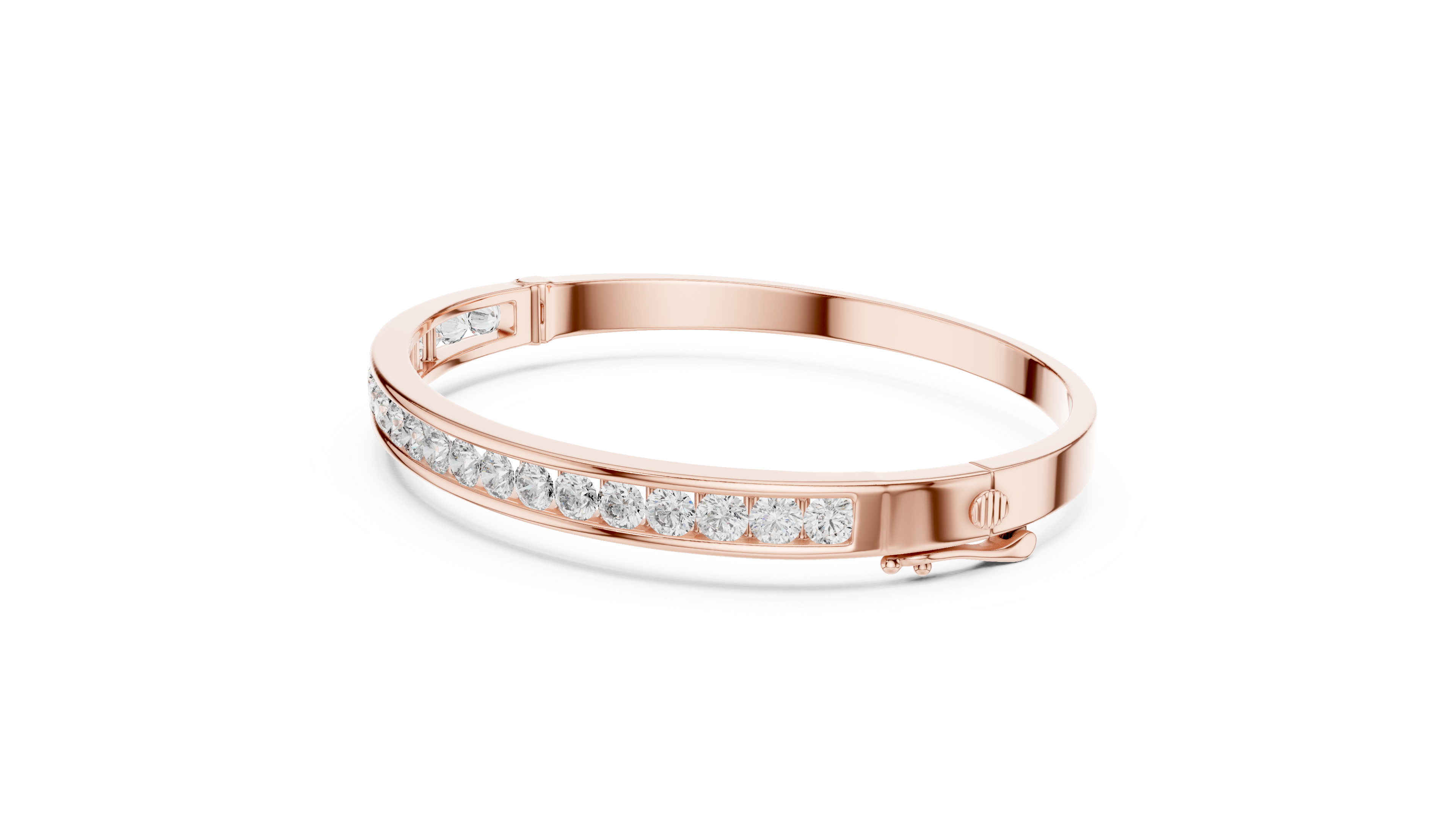 Rose gold channel-set diamond bangle, side view with inner pave detail.