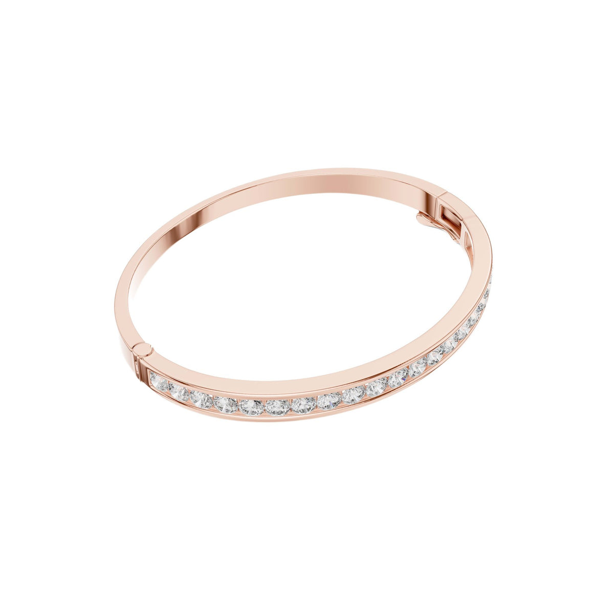 Rose gold diamond bangle with round channel-set stones, angled view.