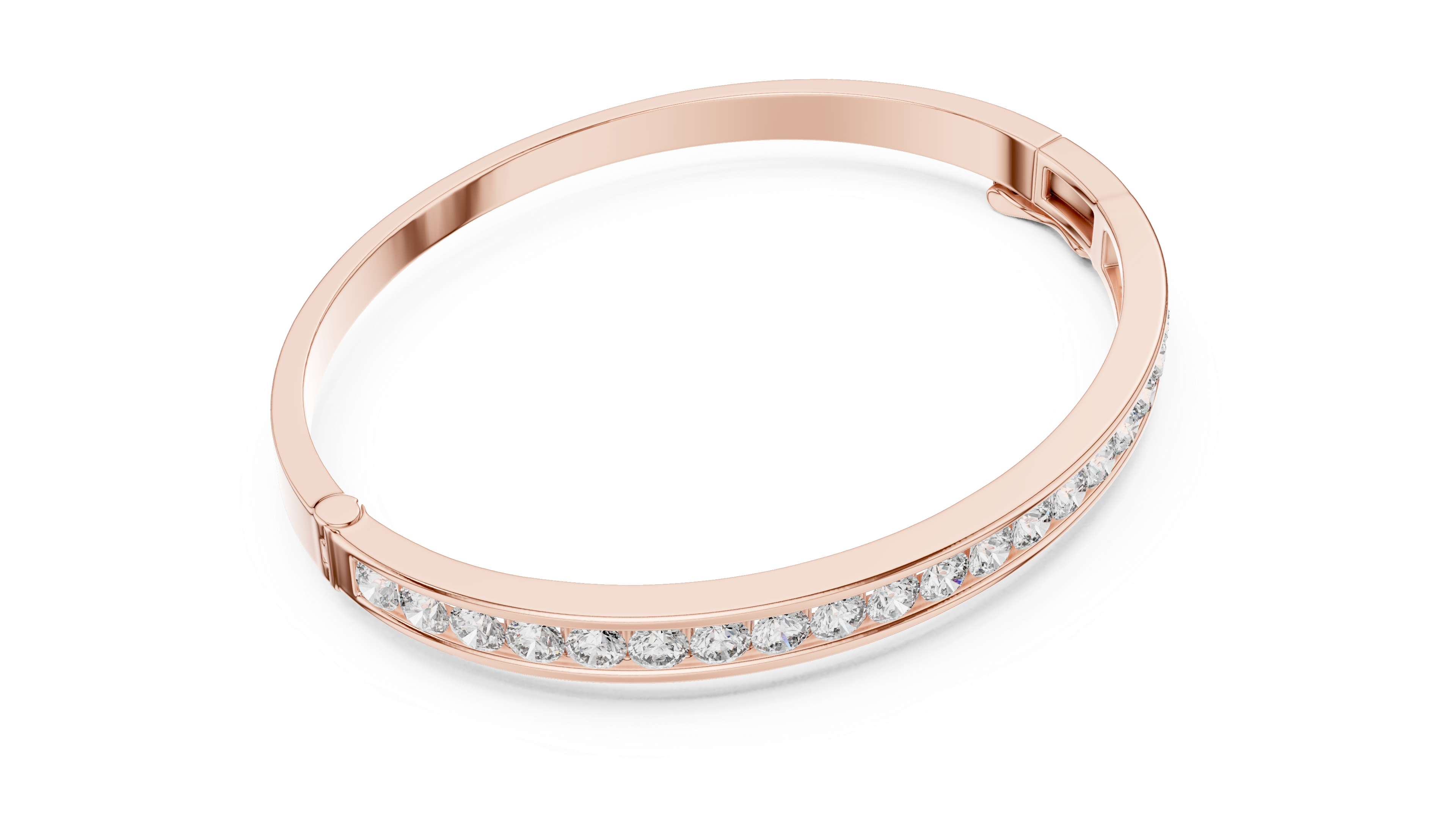 Rose gold diamond bangle with round channel-set stones, angled view.