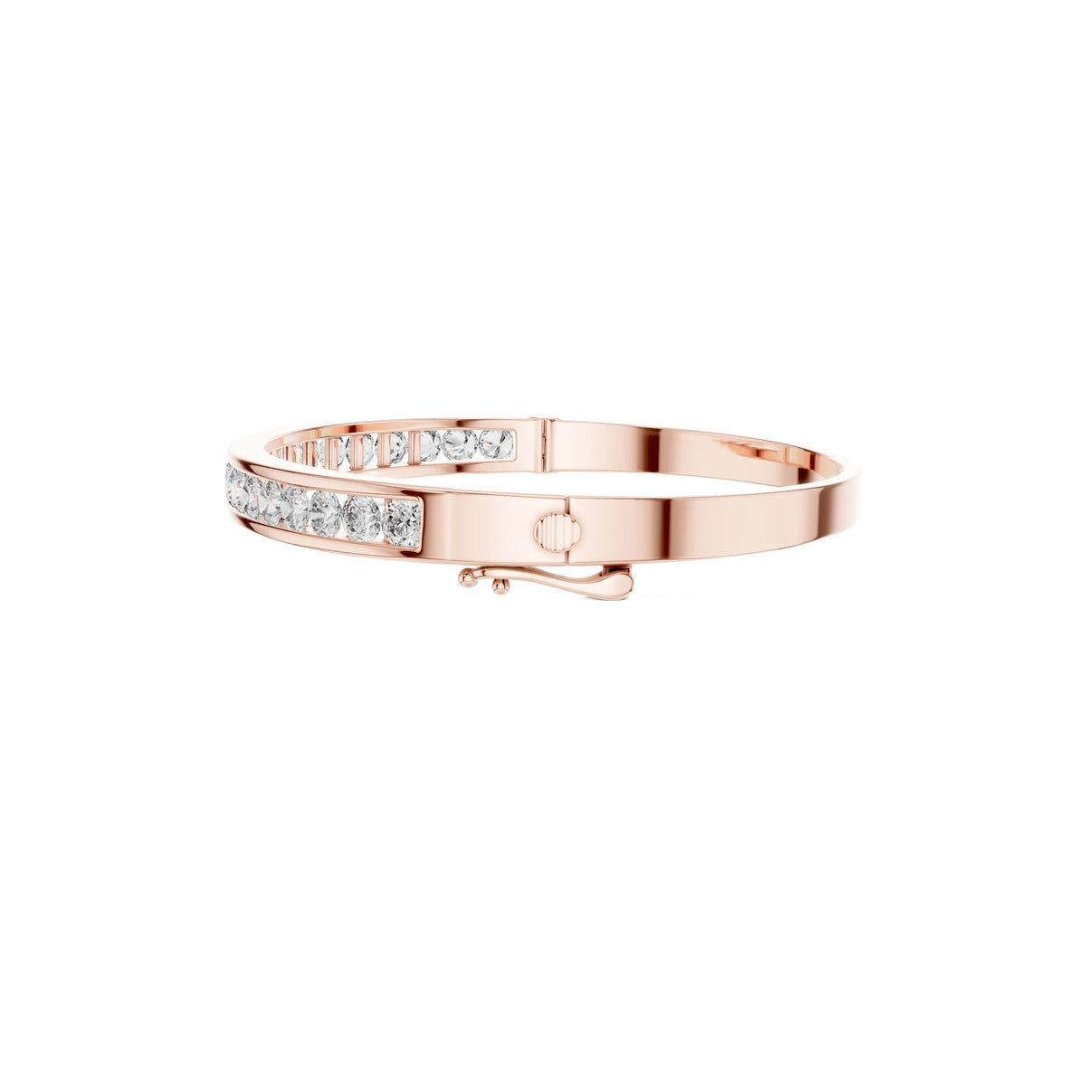 Rose gold channel-set diamond bangle with round stones, front view.