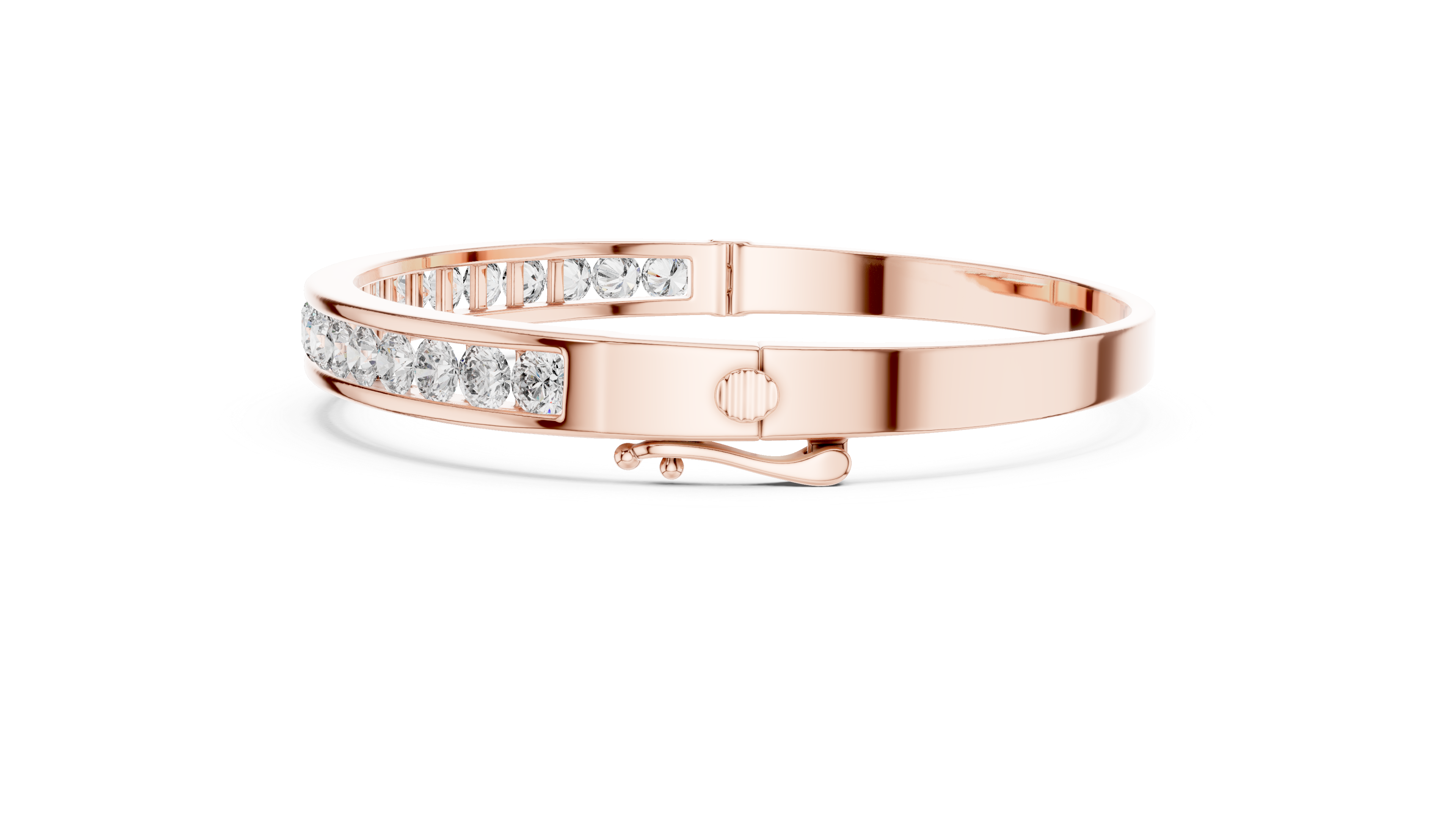 Rose gold channel-set diamond bangle with round stones, front view.
