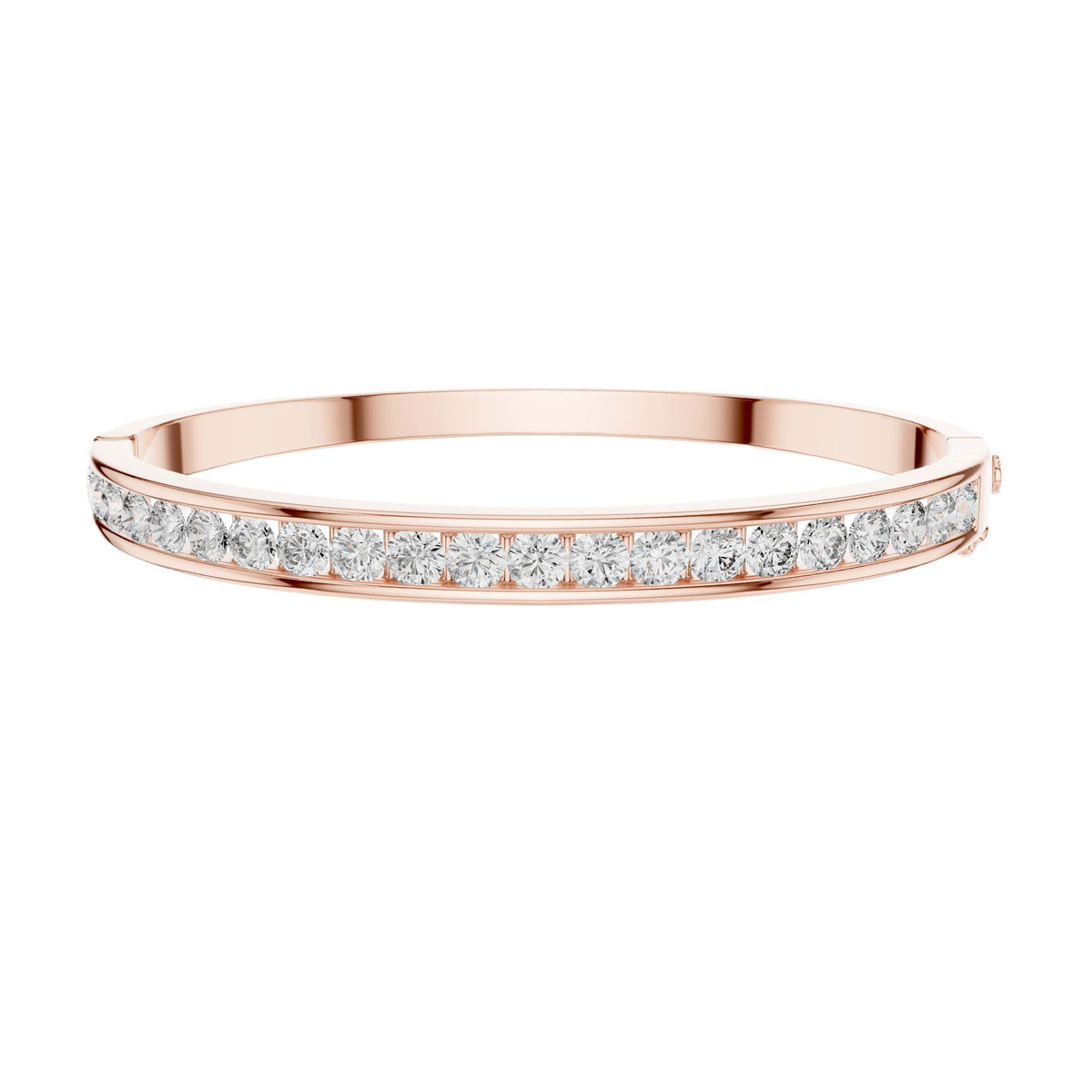 Yellow gold channel-set diamond bangle with round stones, full front view.