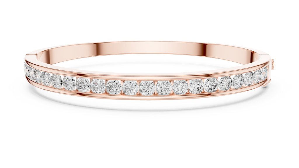 Yellow gold channel-set diamond bangle with round stones, full front view.