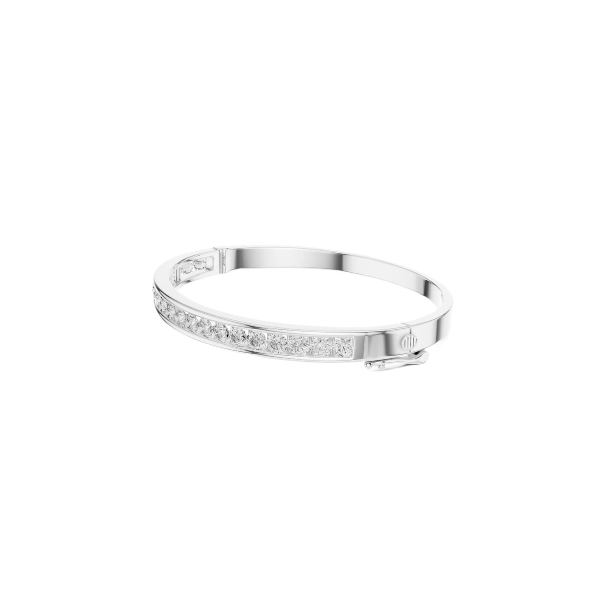 White gold channel-set diamond bangle with round stones, side view.