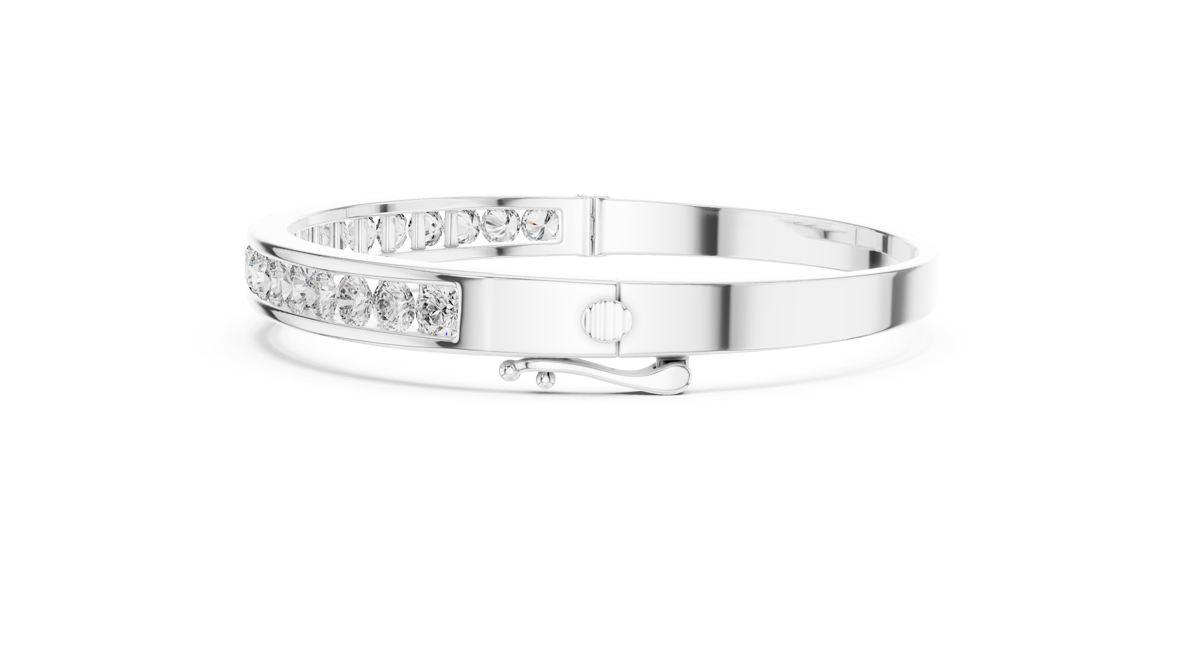White gold channel-set diamond bangle with round stones, hinged top view.