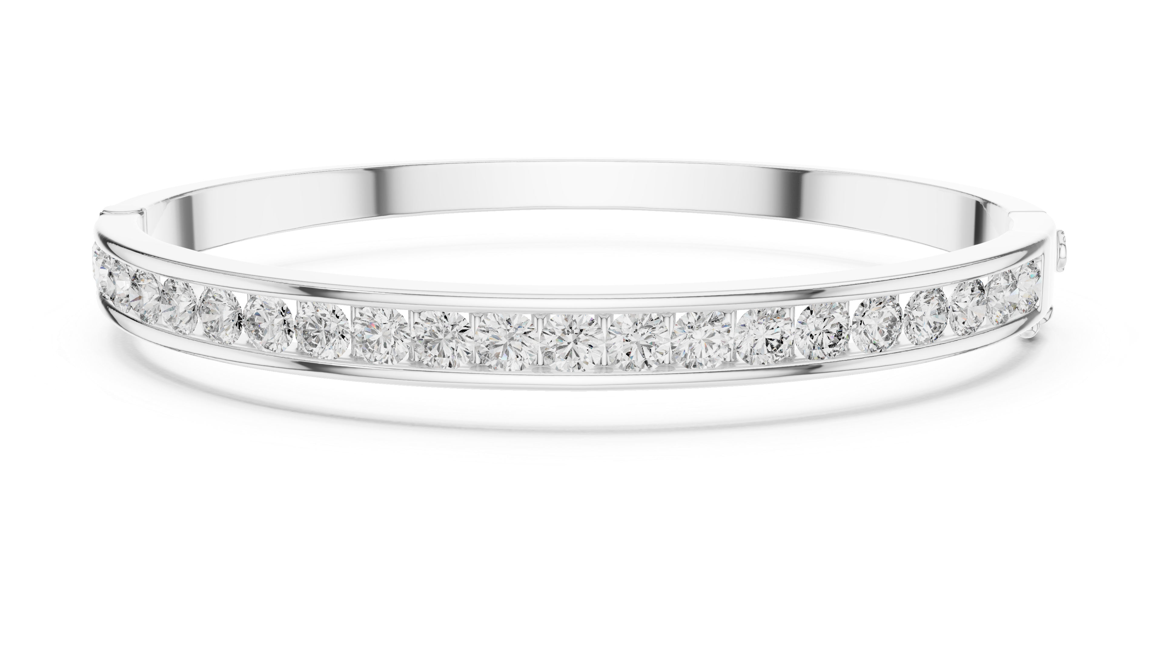 White gold diamond bangle with channel-set round diamonds along the front band.