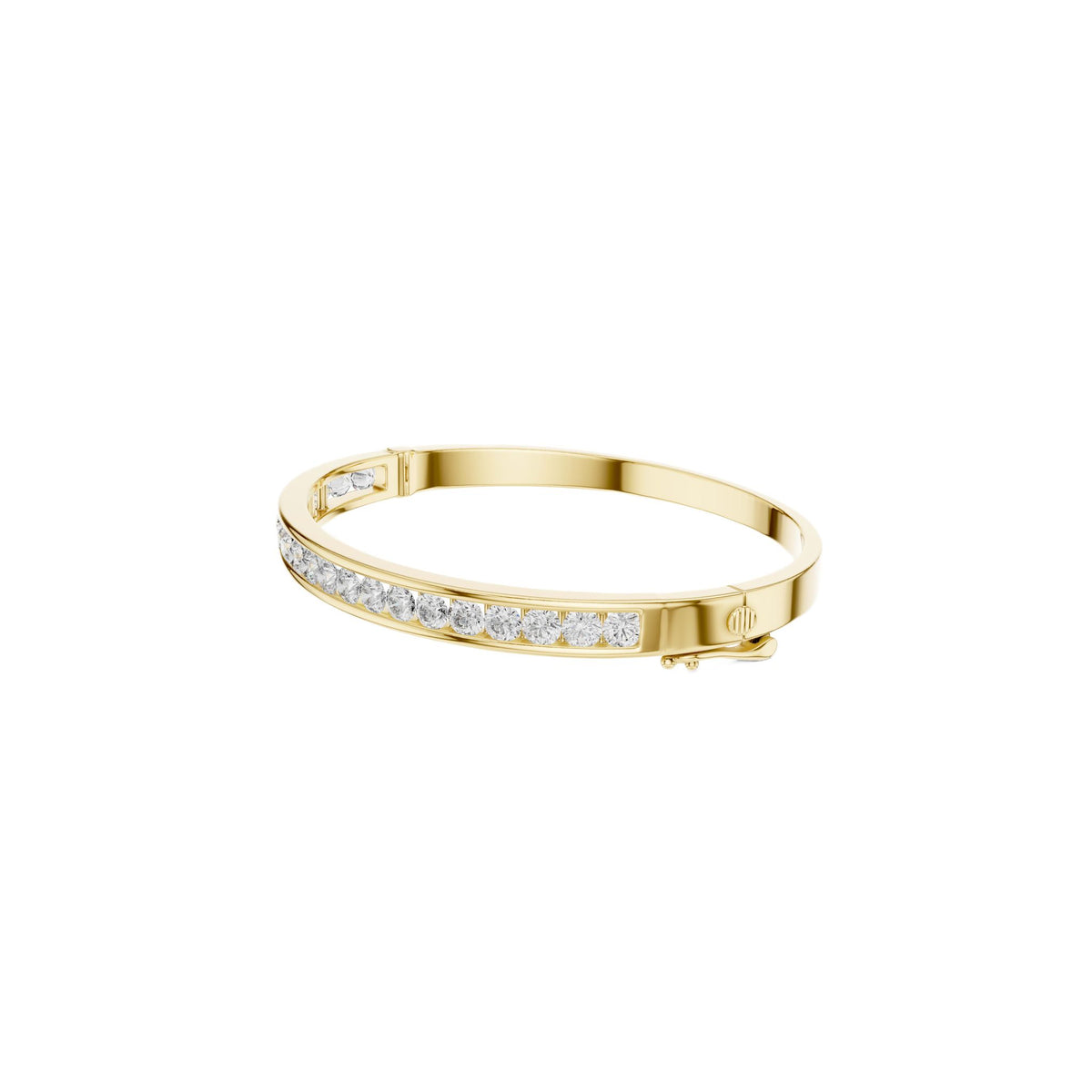 Diamond channel-set bangle with yellow-gold band and round stones along the front
