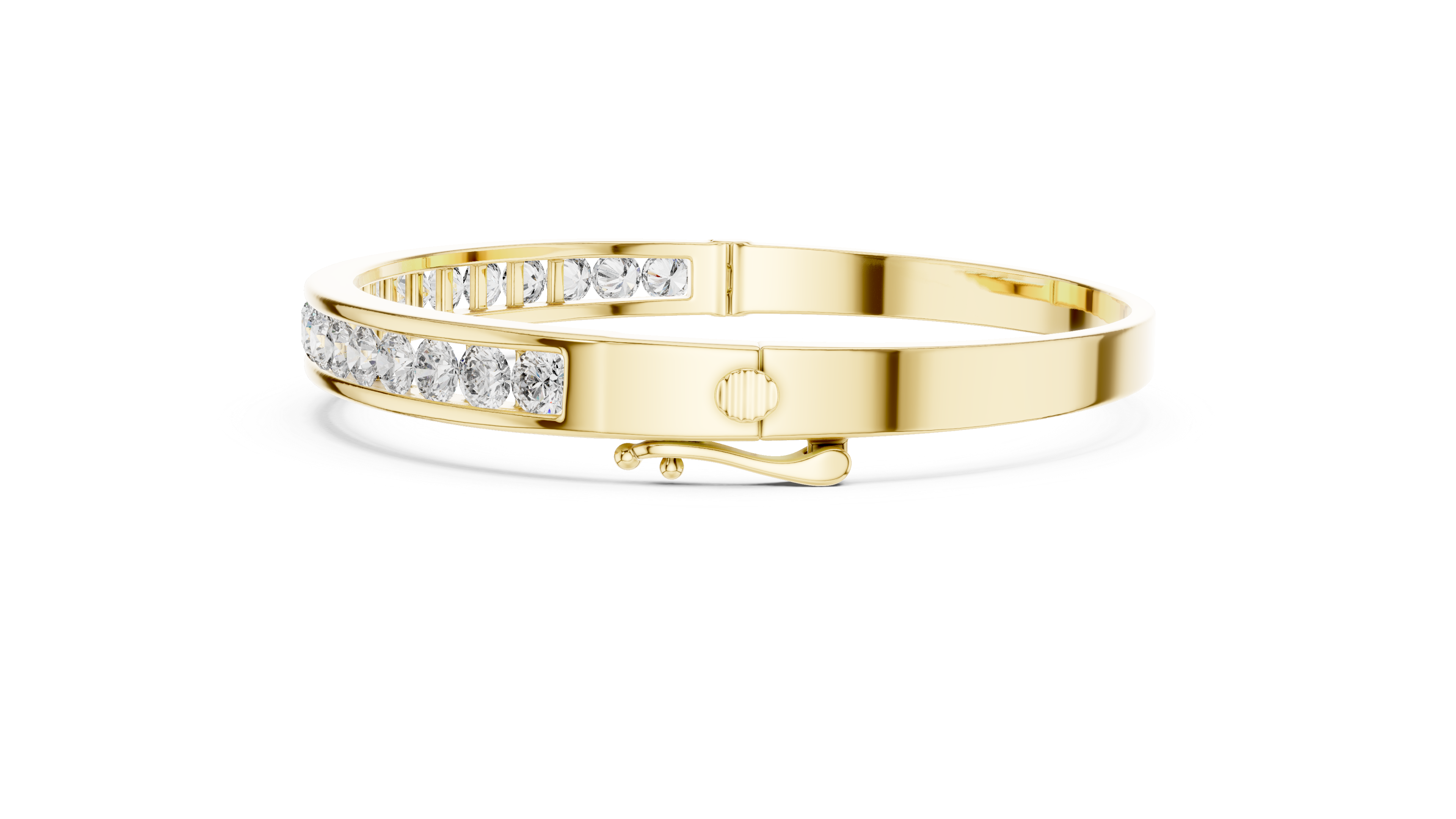 Yellow gold channel-set diamond bangle with hinge clasp detail and round stones.