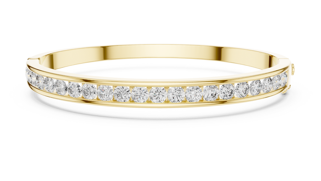 Yellow gold diamond bangle with channel-set round diamonds along the front band.