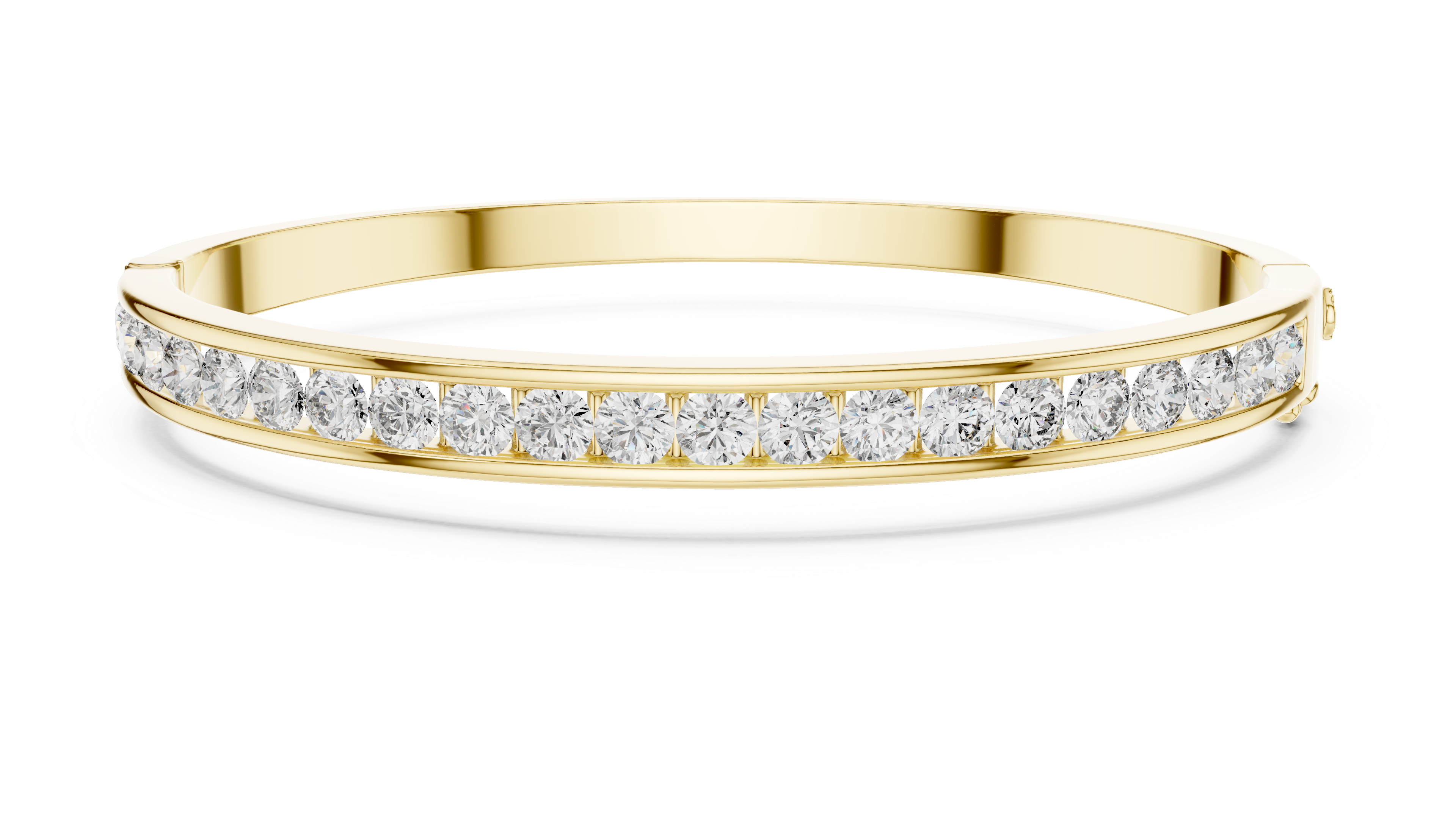 Yellow gold diamond bangle with channel-set round diamonds along the front band.