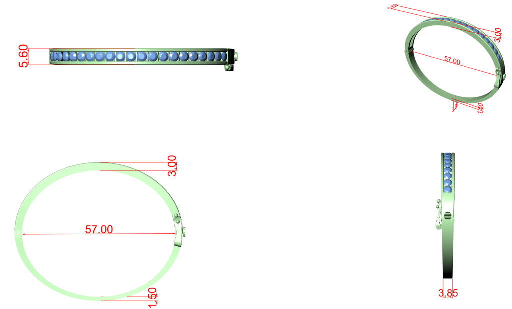 Diamond bangle sizing CAD drawing with labeled dimensions in millimeters.