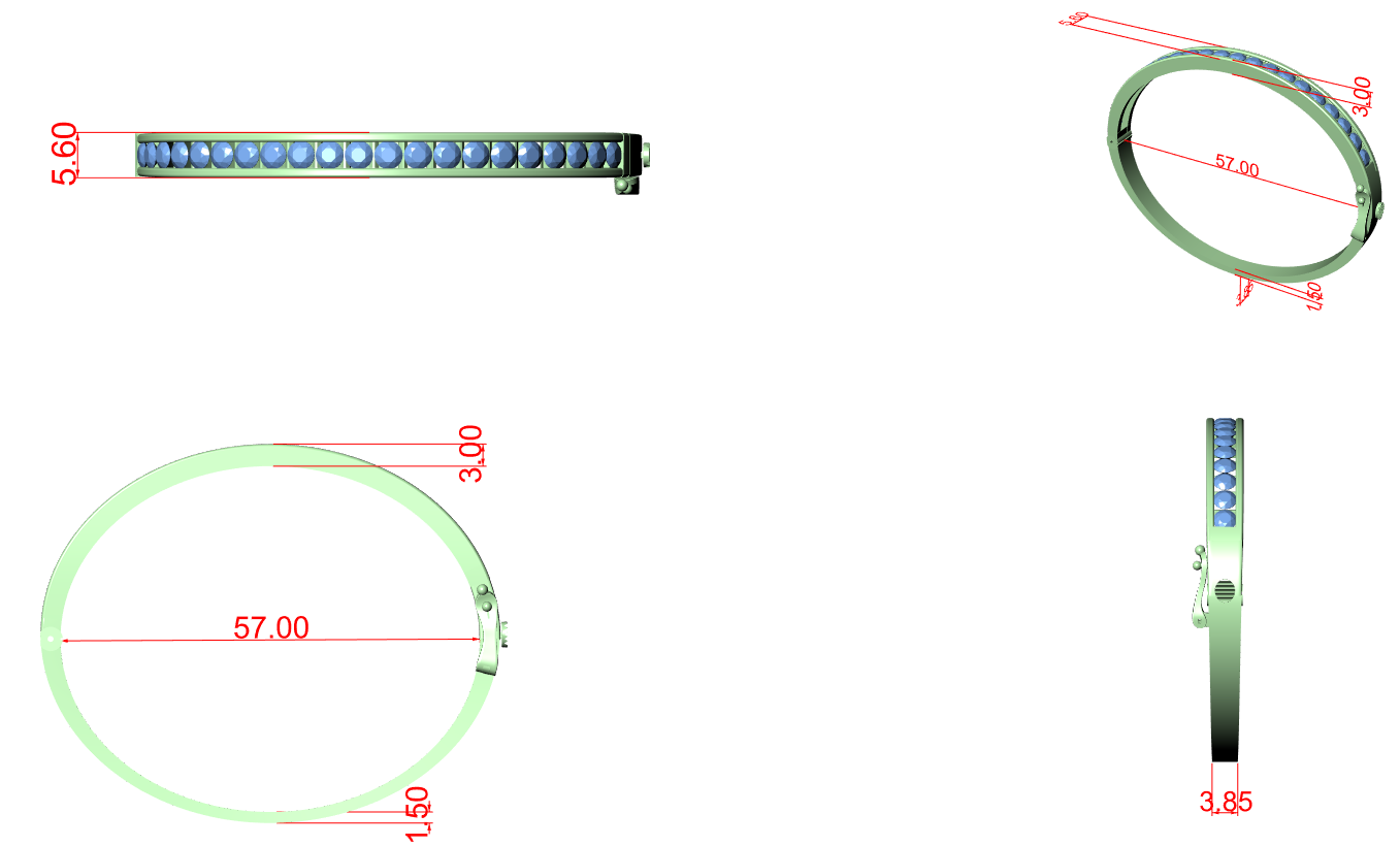 Diamond bangle sizing CAD drawing with labeled dimensions in millimeters.