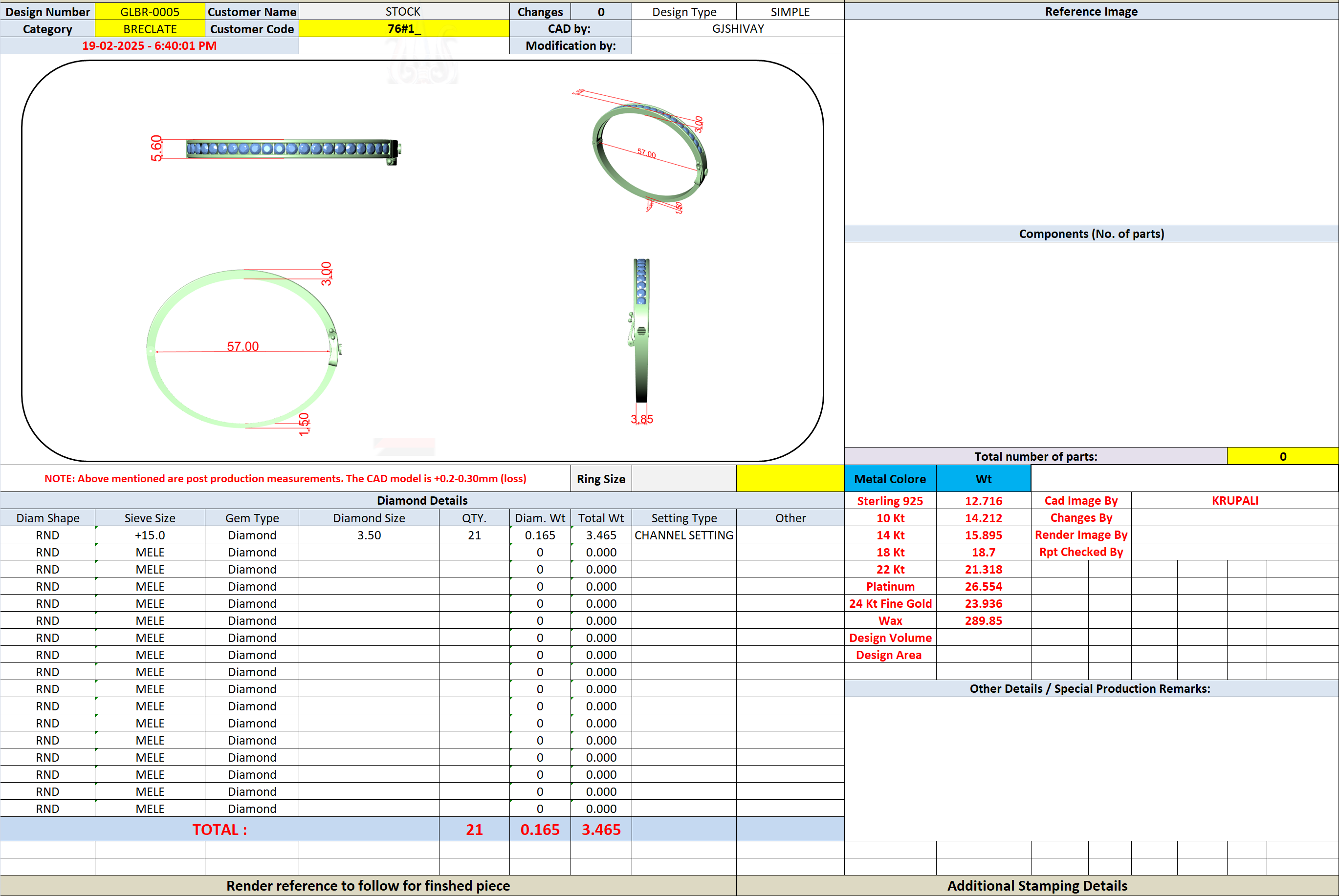 Diamond bangle design worksheet with component details and size information.