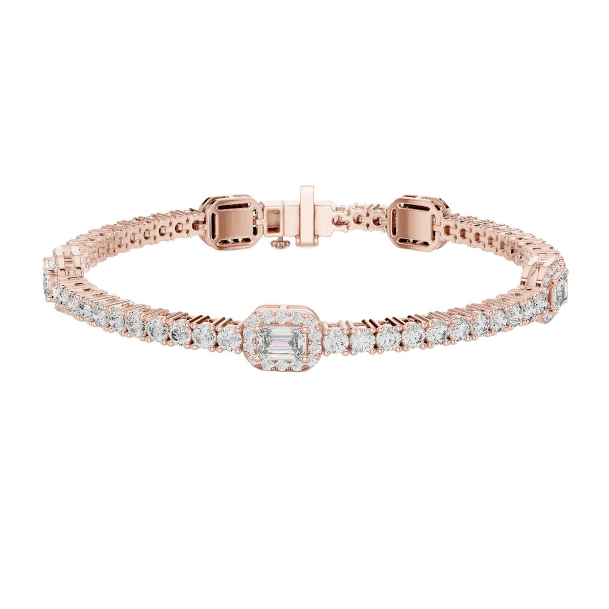 Rose gold tennis bracelet with emerald-cut diamond center halo and pave links