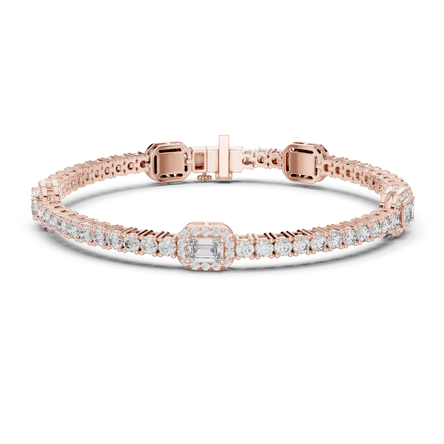 Rose gold tennis bracelet with emerald-cut diamond center halo and pave links