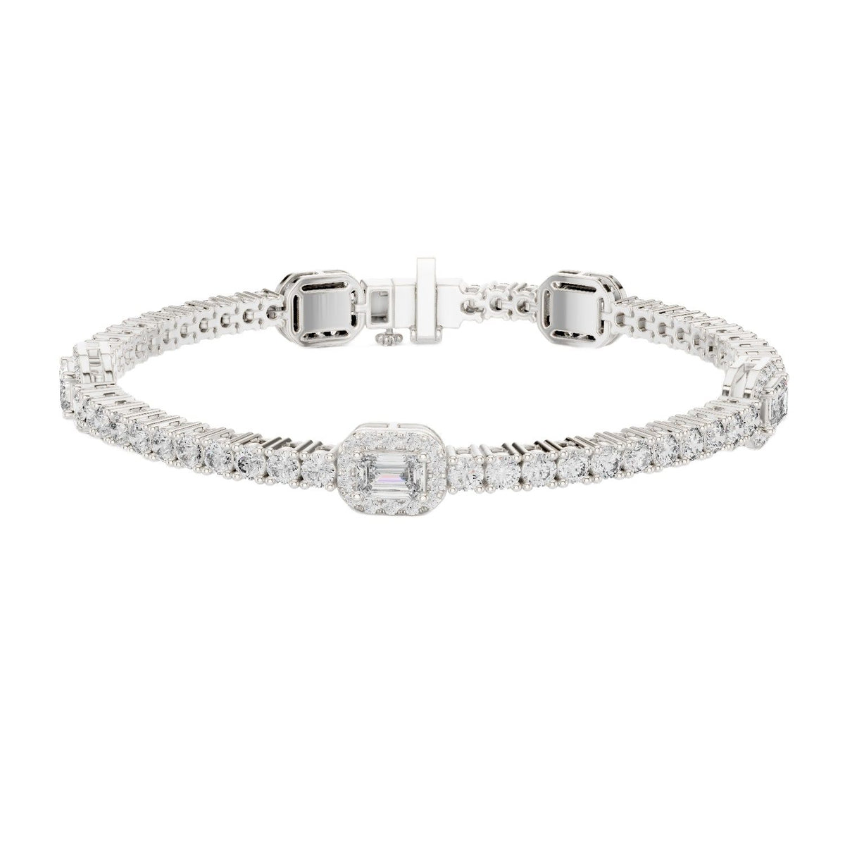 White gold tennis bracelet with emerald-cut diamond center halo and diamond pave