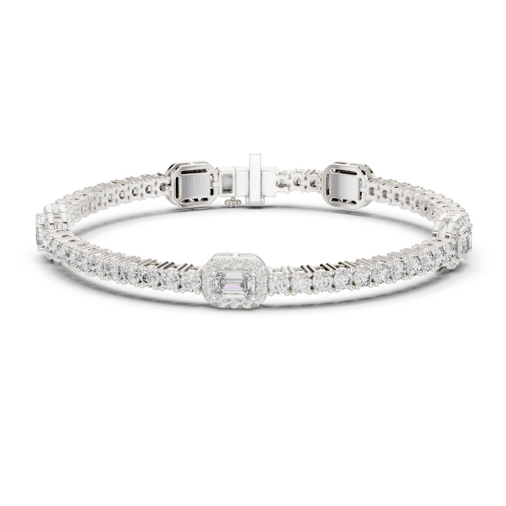 White gold tennis bracelet with emerald-cut diamond center halo and diamond pave