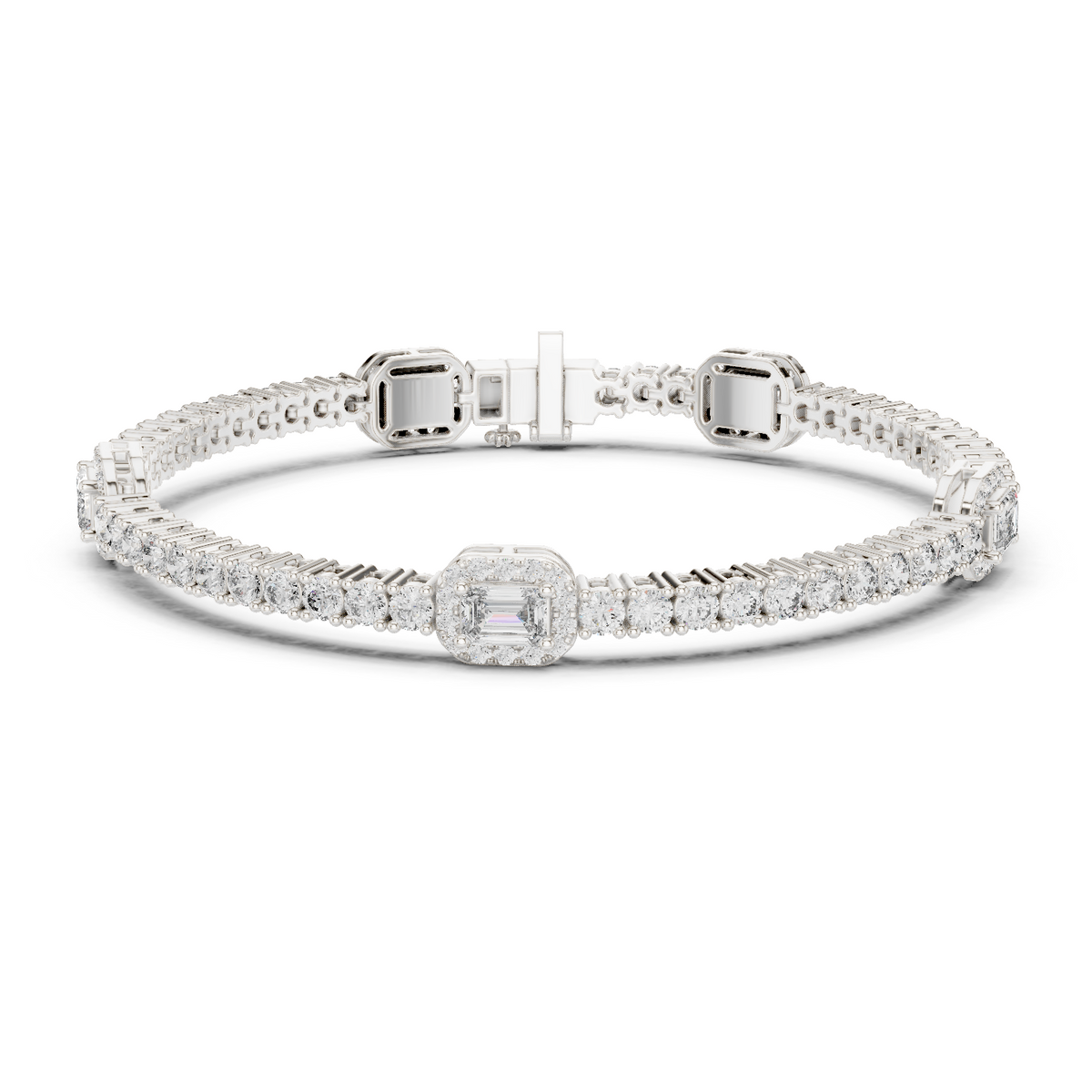 White gold tennis bracelet with emerald-cut diamond center halo and diamond pave