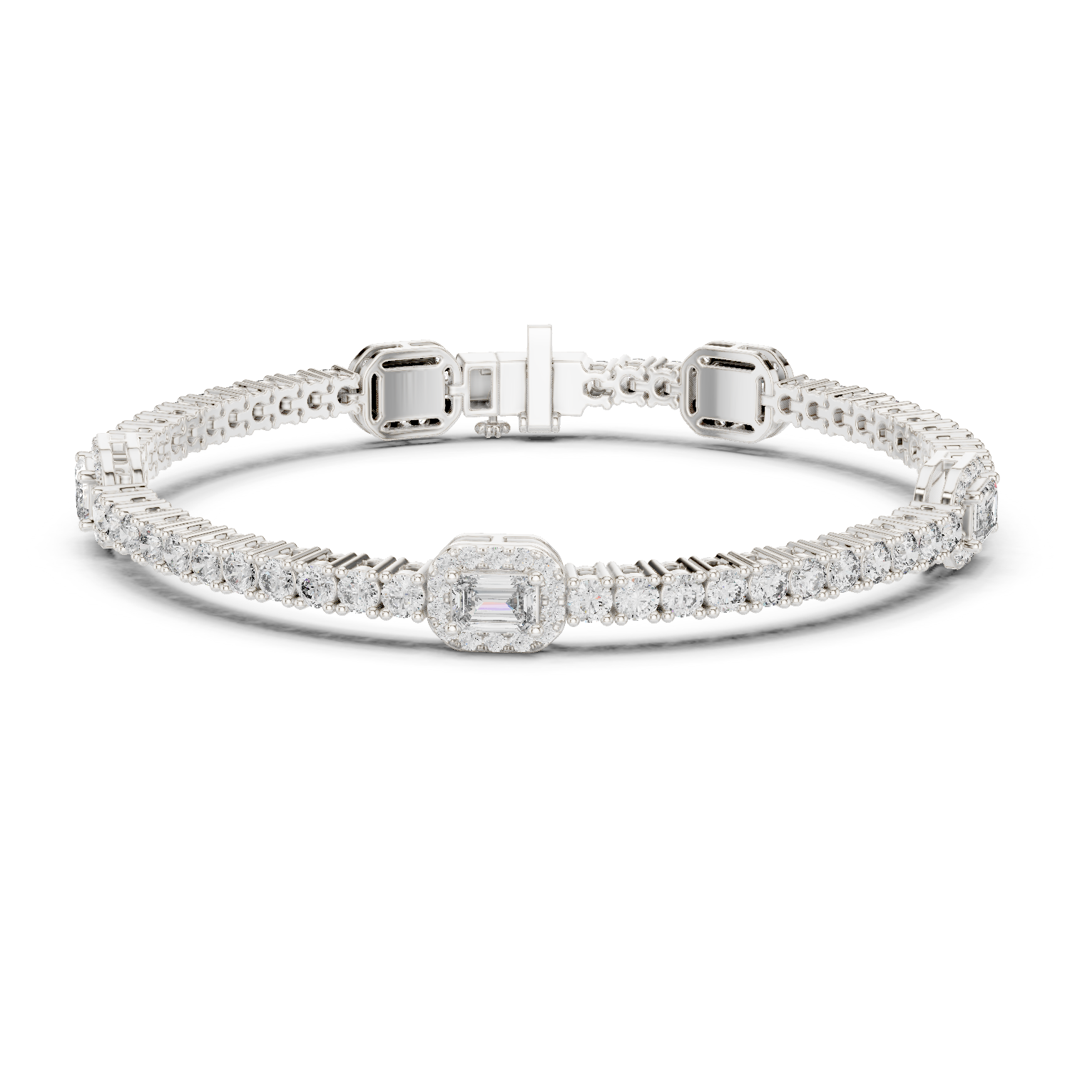 White gold tennis bracelet with emerald-cut diamond center halo and diamond pave